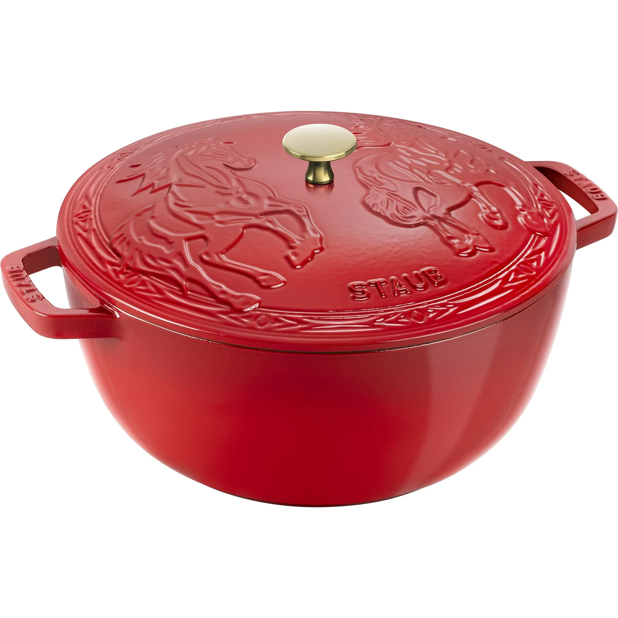 Staub Cast Iron Essential French Oven, Dutch Oven, 5-quart, serves 5-6, Made in France, with Horse Lid – Cherry